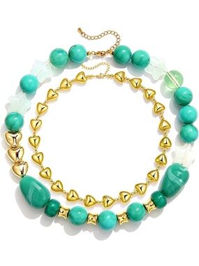 New  Gold color & Turquoise Double-Strand Heart Bead Necklace